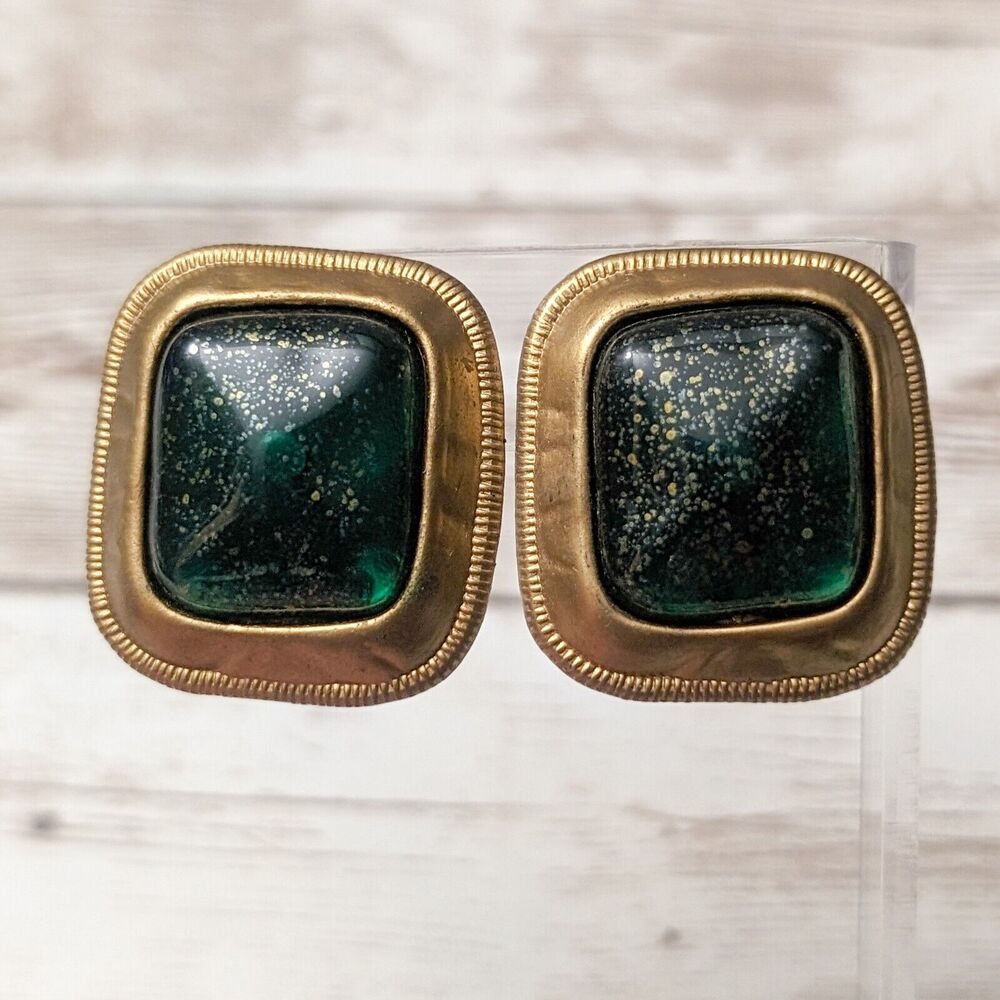 Vintage Clip On Earrings - Rectangular Green with Antique Gold Tone Halo